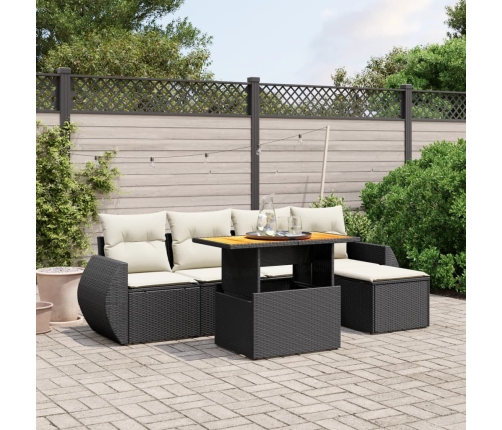Set de sofás de jardín 6 piezas y cojines ratán sintético negro