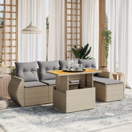 Juego de sofás jardín con cojines 6 pzas ratán sintético beige
