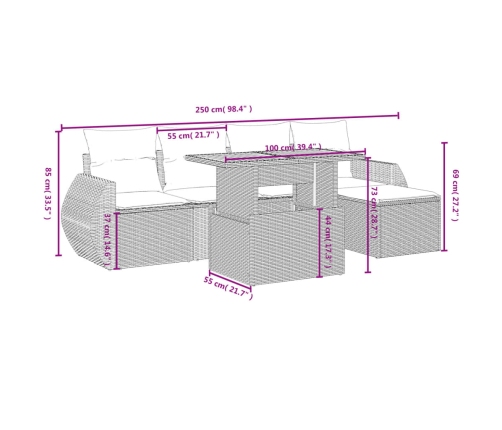 Set de muebles de jardín 6 pzas y cojines ratán sintético gris