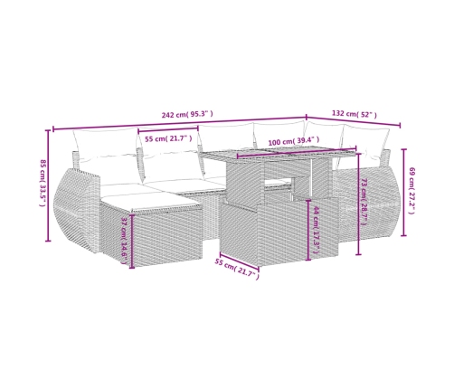 Set de comedor de jardín 7 pzas y cojines ratán sintético negro