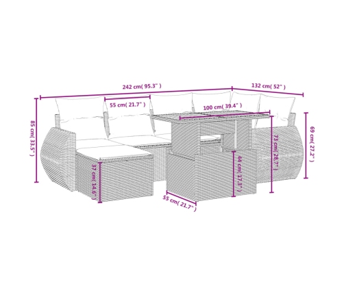 Set de comedor de jardín 7 pzas y cojines ratán sintético negro