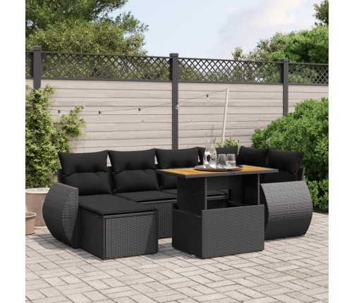 Set de comedor de jardín 7 pzas y cojines ratán sintético negro