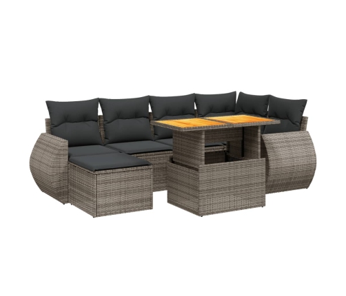 Set de sofás de jardín 7 piezas con cojines ratán PE gris