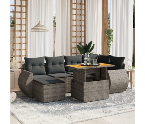 Set de sofás de jardín 7 piezas con cojines ratán PE gris