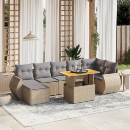 Juego de sofás de jardín con cojines beige 8 pzas ratán PE