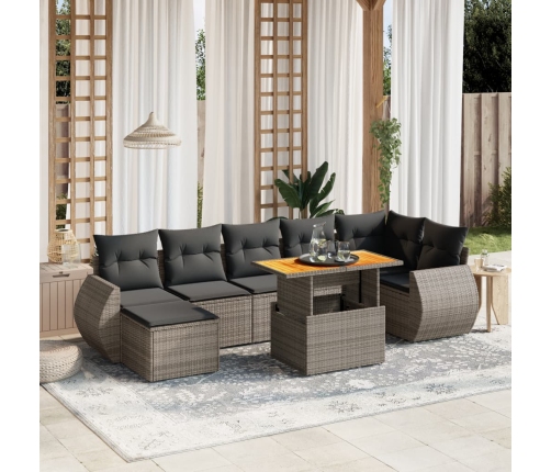 Set de sofás de jardín 8 pzas y cojines ratán sintético gris