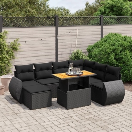 Set de sofás de jardín 8 piezas y cojines ratán sintético negro