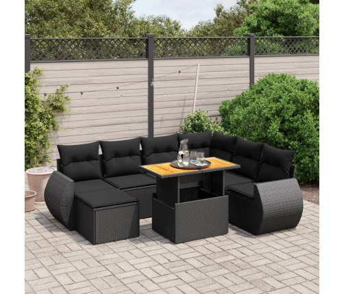 Set de sofás de jardín 8 piezas y cojines ratán sintético negro