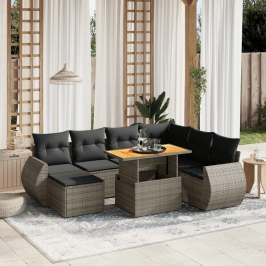 Set de sofás de jardín 8 pzas y cojines ratán sintético gris