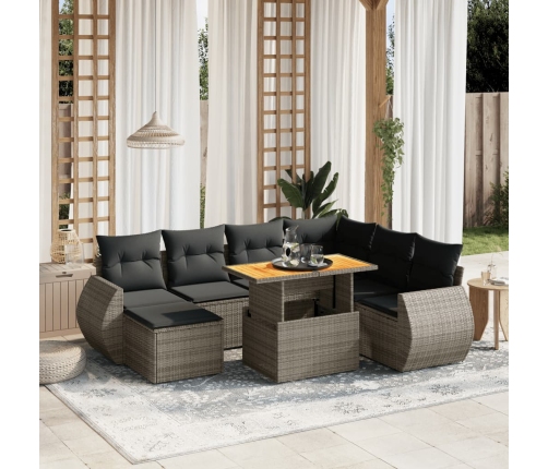Set de sofás de jardín 8 pzas y cojines ratán sintético gris
