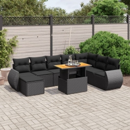 Set de sofás de jardín 8 piezas y cojines ratán sintético negro