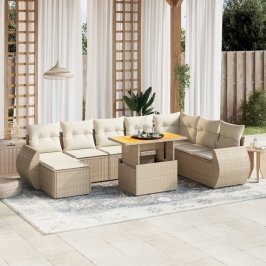 Set de sofás de jardín 9 pzas con cojines ratán sintético beige
