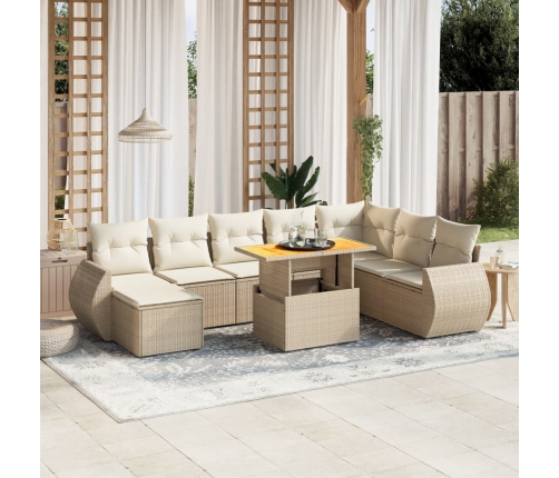 Set de sofás de jardín 9 pzas con cojines ratán sintético beige