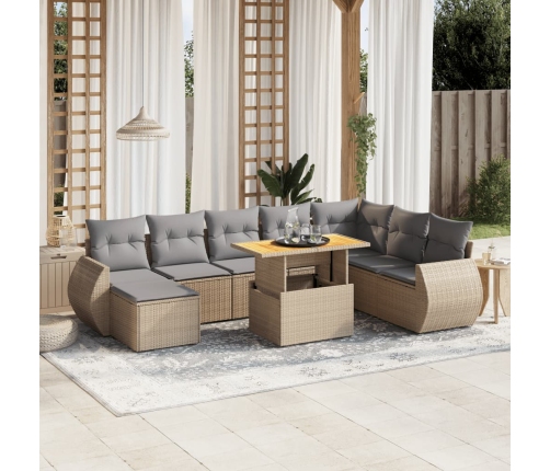 Set de sofás de jardín 9 pzas con cojines ratán sintético beige
