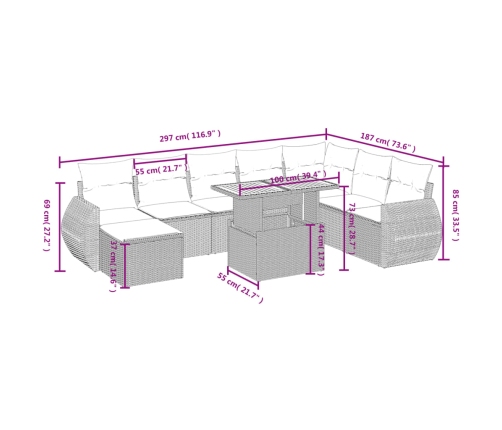 Set de muebles de jardín 9 pzas y cojines ratán sintético gris