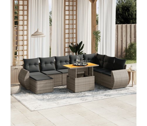Set de muebles de jardín 9 pzas y cojines ratán sintético gris