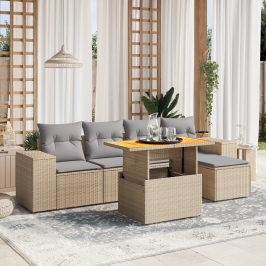Juego de sofás jardín con cojines 6 pzas ratán sintético beige