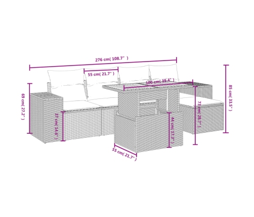 Set de muebles de jardín 6 pzas y cojines ratán sintético gris