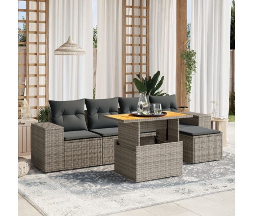 Set de muebles de jardín 6 pzas y cojines ratán sintético gris