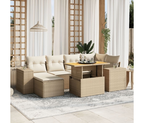 Set sofás de jardín 7 piezas y cojines ratán sintético beige