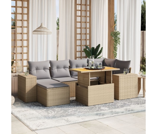 Set sofás de jardín 7 piezas y cojines ratán sintético beige