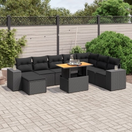 Set de sofás de jardín 8 piezas y cojines ratán sintético negro