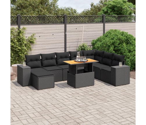 Set de sofás de jardín 8 piezas y cojines ratán sintético negro