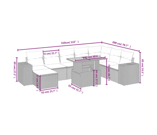 Set de sofás de jardín 9 pzas con cojines ratán sintético beige