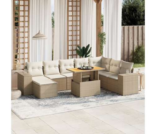 Set de sofás de jardín 9 pzas con cojines ratán sintético beige