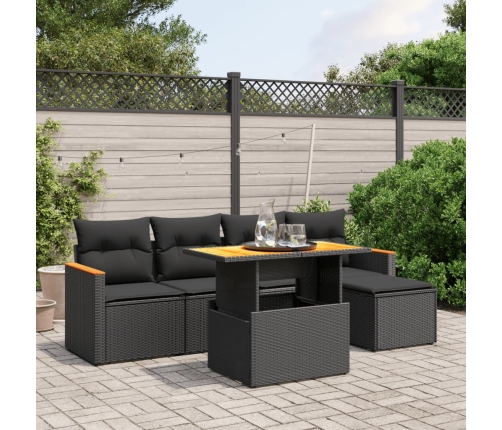 Set de sofás de jardín 6 piezas y cojines ratán sintético negro