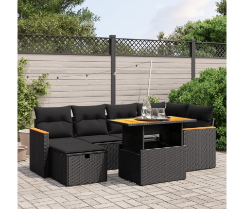 Set de comedor de jardín 7 pzas y cojines ratán sintético negro