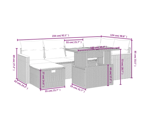 Set de comedor de jardín 7 pzas y cojines ratán sintético negro