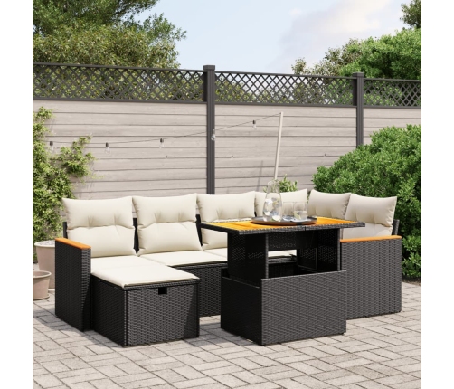 Set de comedor de jardín 7 pzas y cojines ratán sintético negro