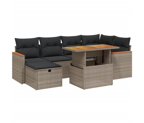 Set de sofás de jardín 7 piezas con cojines ratán PE gris