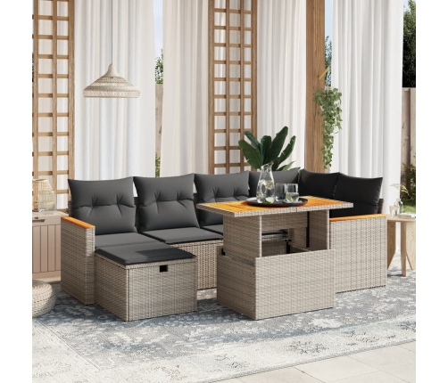 Set de sofás de jardín 7 piezas con cojines ratán PE gris
