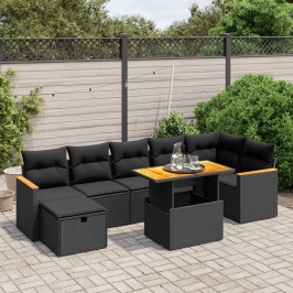 Set de sofás de jardín 8 piezas y cojines ratán sintético negro
