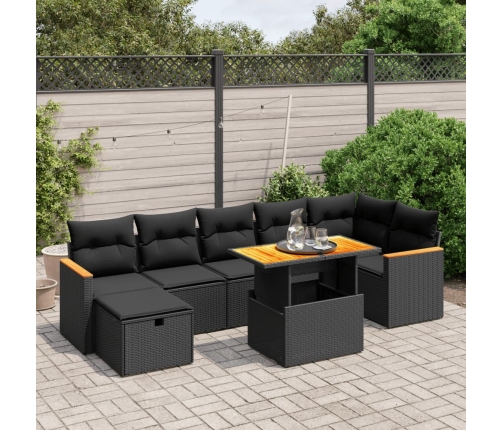 Set de sofás de jardín 8 piezas y cojines ratán sintético negro