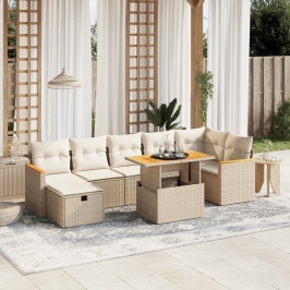 Juego de sofás de jardín con cojines beige 8 pzas ratán PE