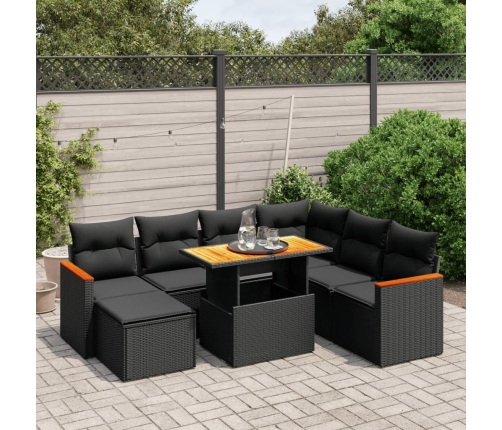 Set de sofás de jardín 8 piezas y cojines ratán sintético negro