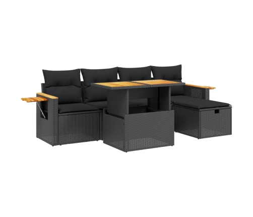 Set de sofás de jardín 6 piezas y cojines ratán sintético negro