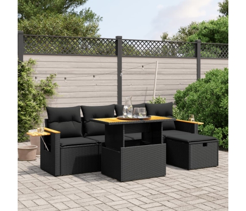 Set de sofás de jardín 6 piezas y cojines ratán sintético negro