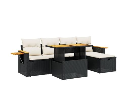 Set de sofás de jardín 6 piezas y cojines ratán sintético negro