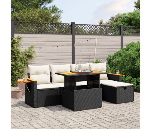 Set de sofás de jardín 6 piezas y cojines ratán sintético negro