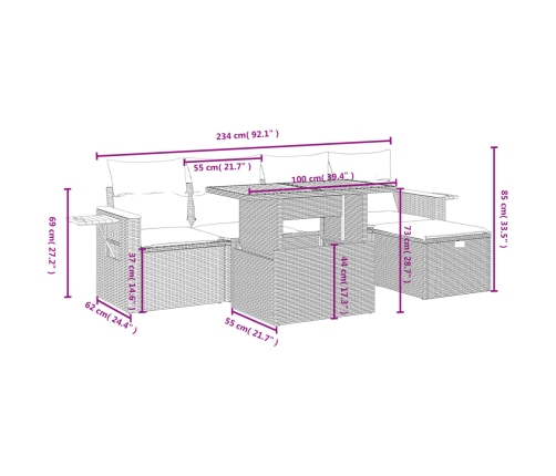 Set de muebles de jardín 6 pzas y cojines ratán sintético gris