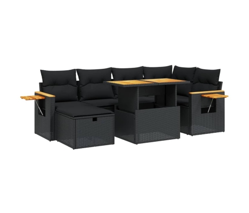 Set de comedor de jardín 7 pzas y cojines ratán sintético negro