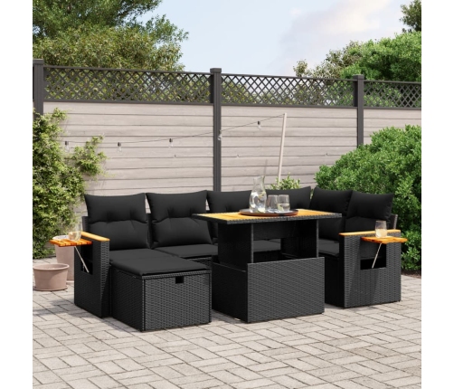 Set de comedor de jardín 7 pzas y cojines ratán sintético negro
