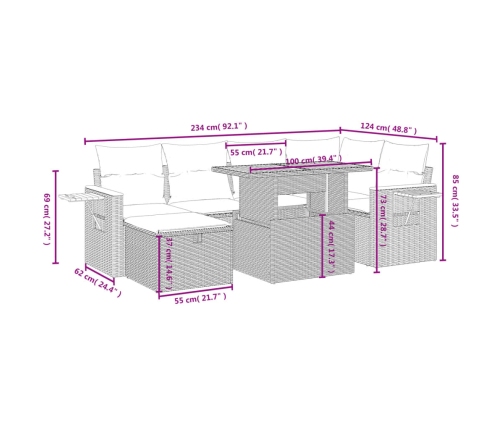 Set de comedor de jardín 7 pzas y cojines ratán sintético negro