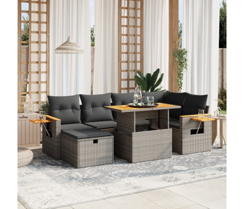 Set de sofás de jardín 7 piezas con cojines ratán PE gris