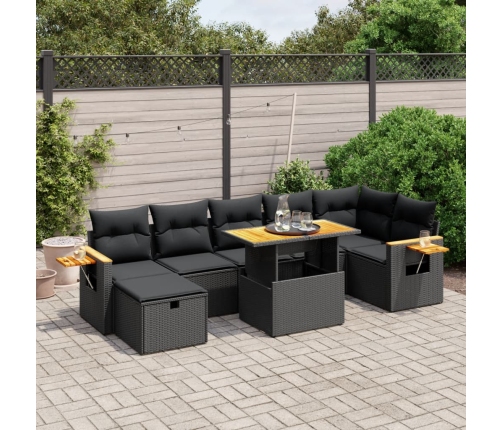 Set de sofás de jardín 8 piezas y cojines ratán sintético negro