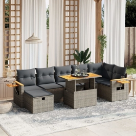 Set de sofás de jardín 8 pzas y cojines ratán sintético gris